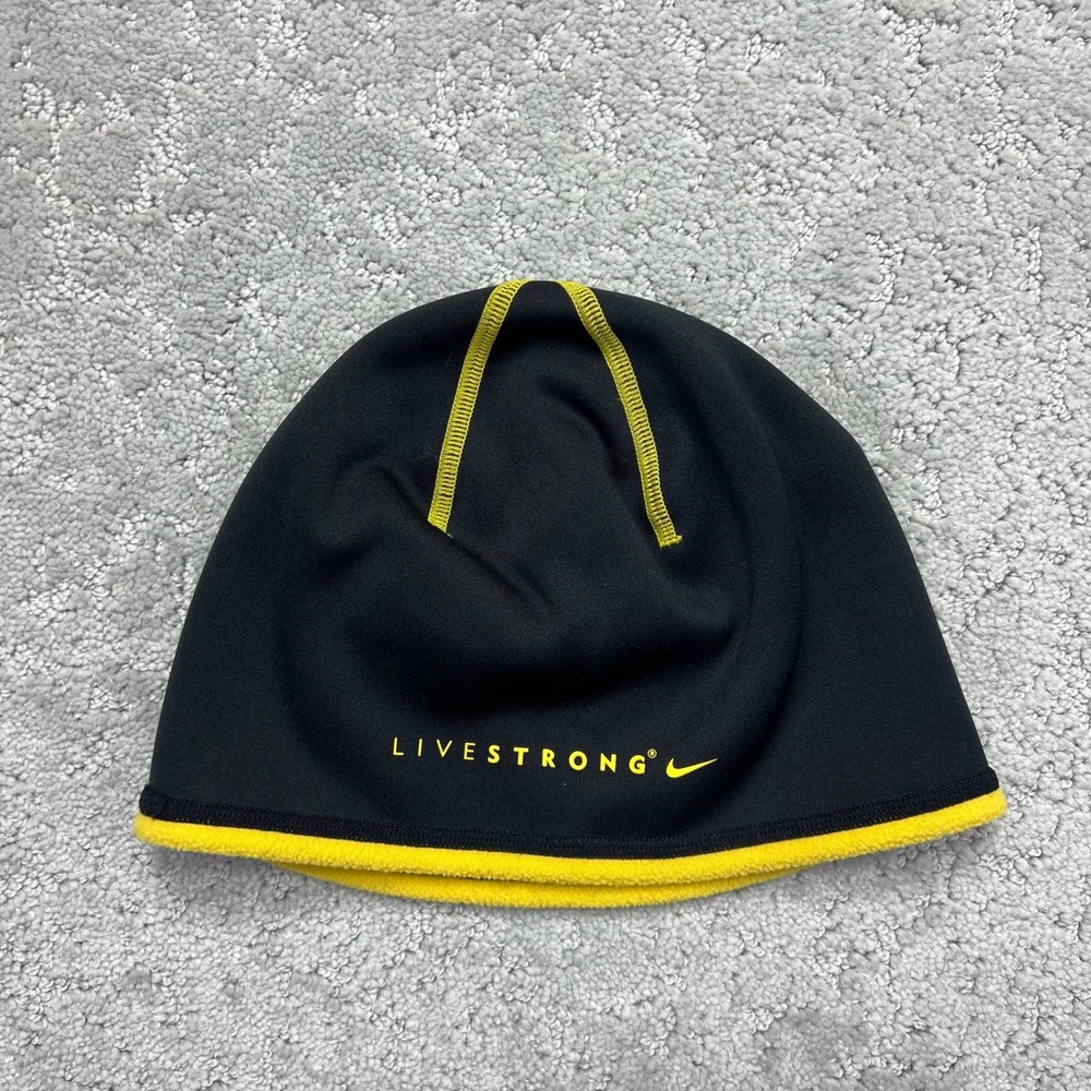 Nike Beanie Hat Mens Black Yellow Livestrong Therma-Fit Running Skull Cap Sporty